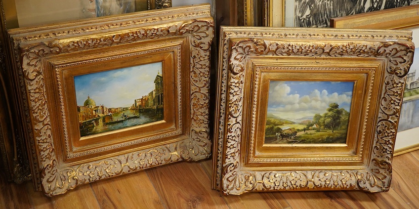 Vincci, Venetian canal and landscape, signed, pair of oils on board, gilt framed, 18 x 23cm